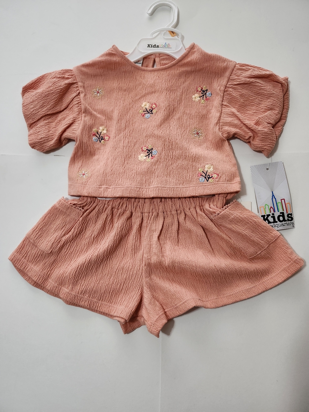 Kids Headquarters Peach Pink Floral Embroidered Shorts Set